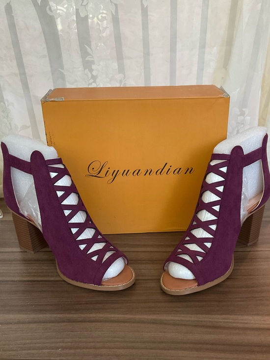 Liyuandian Shoes - Liyuandian Purple Faux Suede Open Toe Block Heel Sandals Lace Up Cut, size 10
